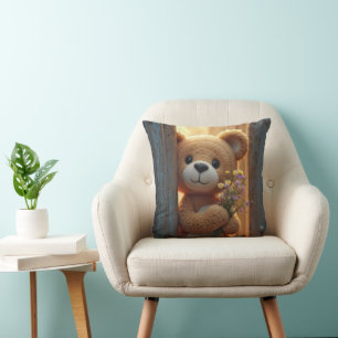 Brown Teddy Bear Holding a Wildflower Bouquet Cushion