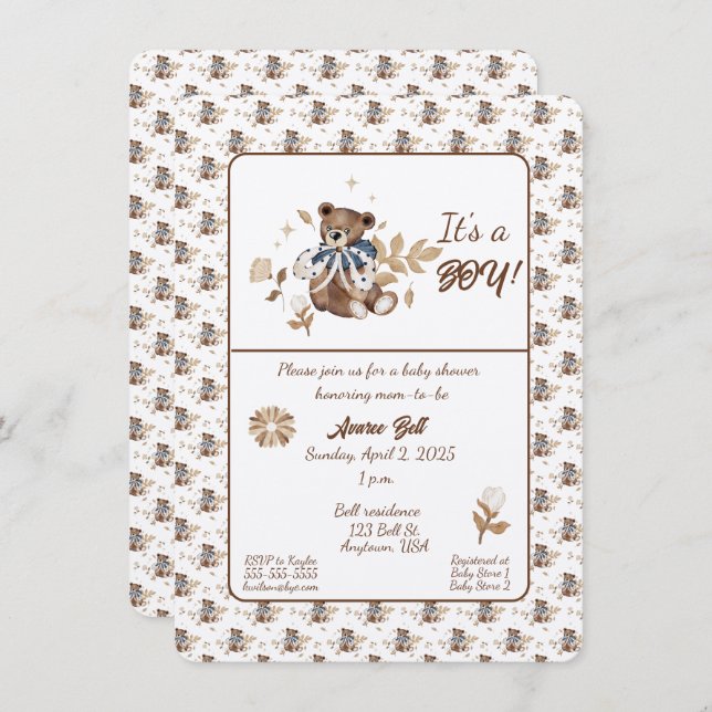 Brown Teddy Bear It's A Boy! Shower Invitation (Front/Back)