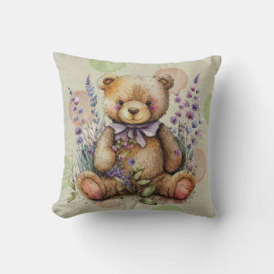 Brown Teddy Bear Lavender Flowers And Polkadots  Cushion