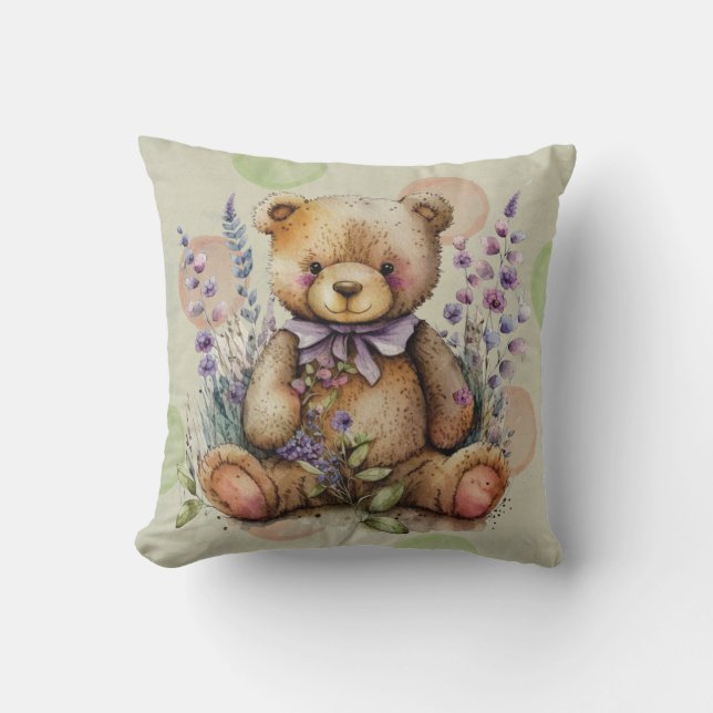 Brown Teddy Bear Lavender Flowers And Polkadots  Cushion (Front)