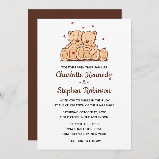 Brown Teddy Bear Love Wedding Cartoon Bears Invitation (Front/Back)