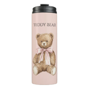 Brown Teddy Bear Pink Bow Thermal Tumbler