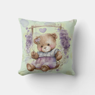 Brown Teddy Bear Swinging Lavender Dress And Polka Cushion