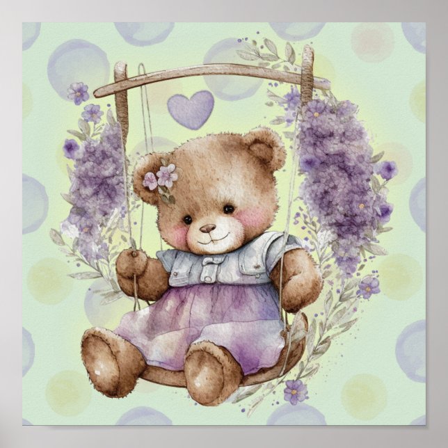 Brown Teddy Bear Swinging Lavender Dress And Polka Poster (Front)