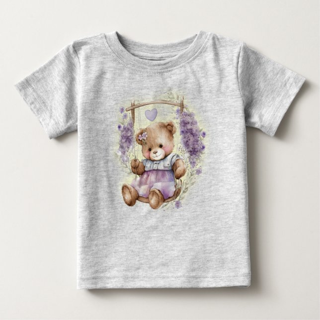 Brown Teddy Bear Swinging Lavender Dress Baby T-Shirt (Front)