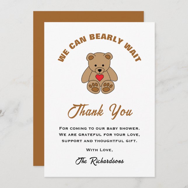 Brown Teddy Bear We Can Bearly Wait Baby Shower Thank You Card (Front/Back)