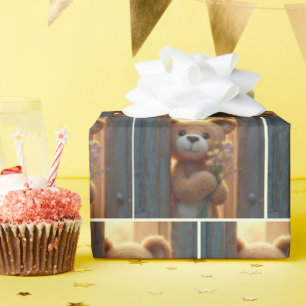 Brown Teddy Bear With a Wildflower Bouquet Wrapping Paper