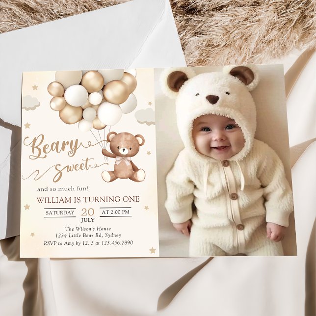 Brown Teddy Bear With Balloons Birthday Photo Invitation (Creator Uploaded)