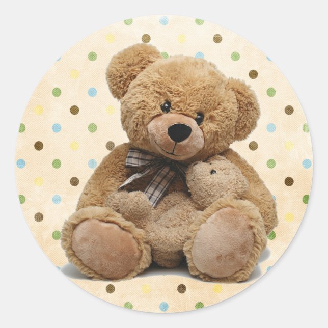Brown Teddy Bears On Polka Dots  Classic Round Sticker (Front)