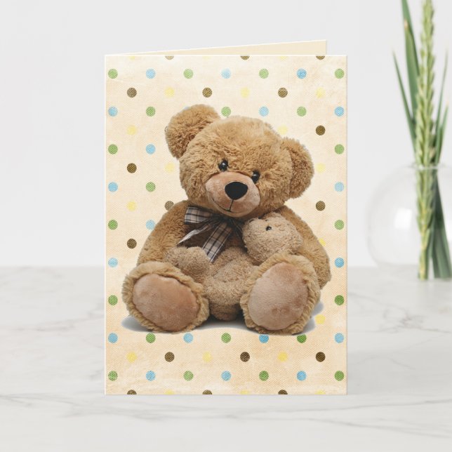 Brown Teddy Bears On Polka Dots New Baby  Card (Front)