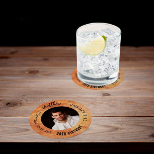 Brown terracotta photo man myth legend birthday round paper coaster