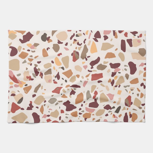 Brown terrazzo: vintage, trendy pattern. tea towel (Horizontal)
