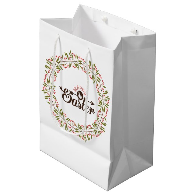 Brown Text Easter And Colourful Floral Wreath Medium Gift Bag (Front Angled)