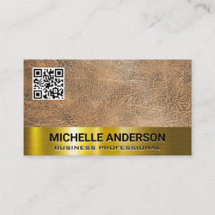 Brown Texture Gold Metallic Trim QR Code Business Card
