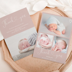 Brown thank you script heart 4 photos baby birth announcement