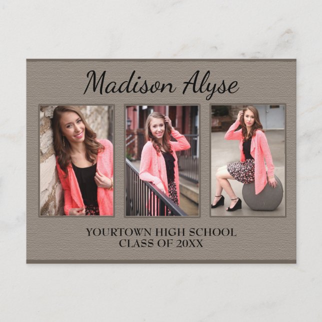 Brown Three Photo Graduation Save Date Postcard (Front)