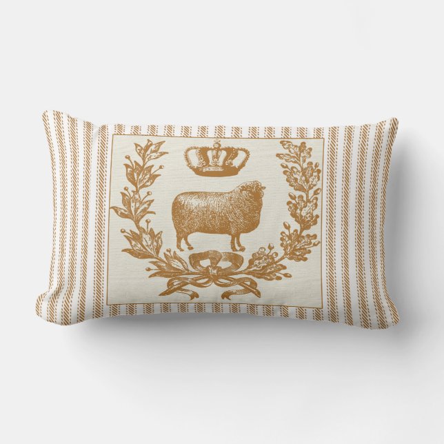 Brown Ticking Effect with Sheep and Crown Lumbar Cushion (Front)