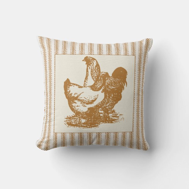 Brown Ticking with Rooster and Chicken Cushion (Front)