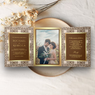 Brown Tiles Pattern Faux Gold Foil Photo Wedding Tri-Fold Invitation