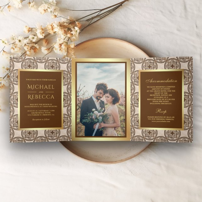 Brown Tiles Pattern Faux Gold Foil Photo Wedding Tri-Fold Invitation (Creator Uploaded)