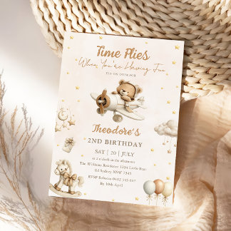 Brown Time Flies Aeroplane Teddy Bear Birthday Invitation
