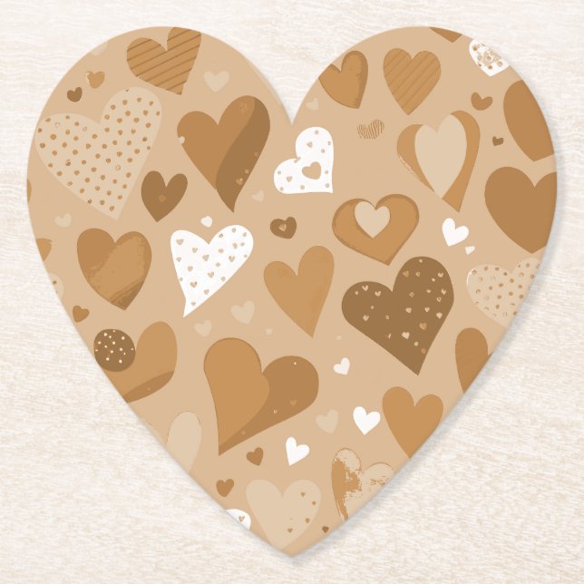 Brown-toned hearts pattern. paper coaster (Front)