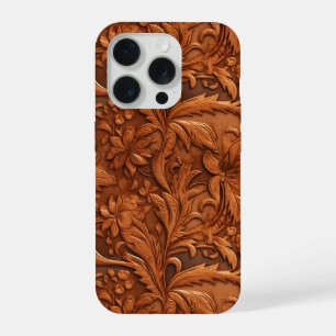 Brown tooled 3-D leather floral pattern iPhone 15 Pro Case