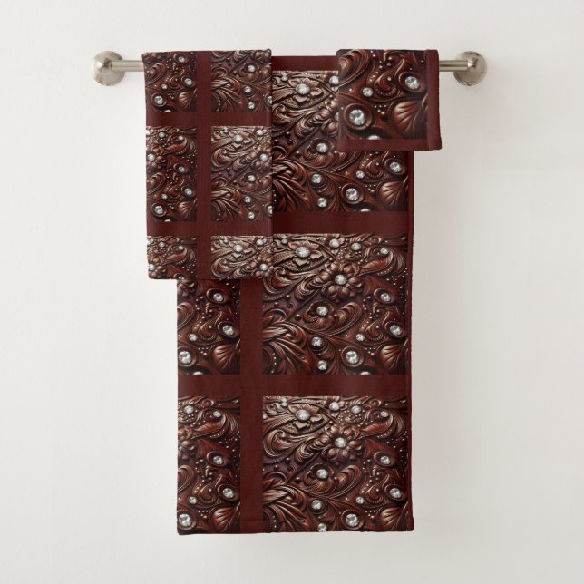 Brown Tooled Faux Leather and Diamond Bath Towel Set (Insitu)
