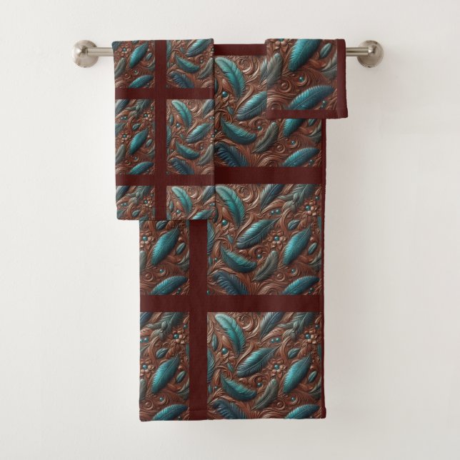 Brown Tooled Faux Leather and Teal Feathers Bath Towel Set (Insitu)