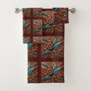 Brown Tooled Faux Leather and Teal Feathers Bath Towel Set