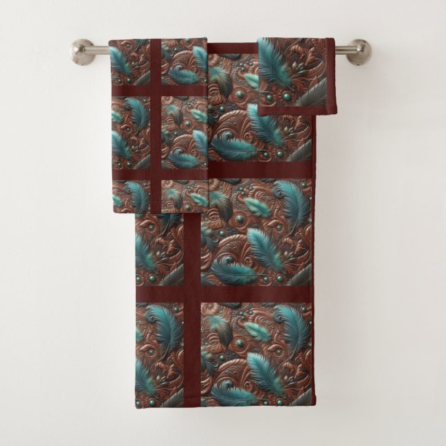 Brown Tooled Faux Leather and Teal Feathers Bath Towel Set (Insitu)