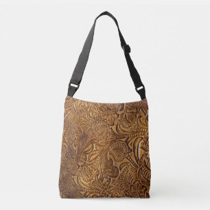 Brown Tooled Faux Leather  Crossbody Bag