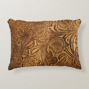 Brown Tooled Faux Leather Decorative Cushion