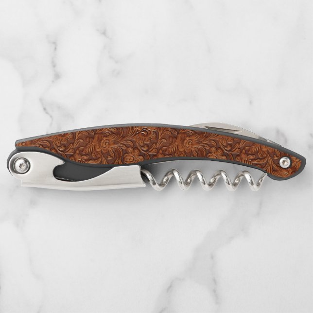 Brown tooled floral leather pattern corkscrew (Front)