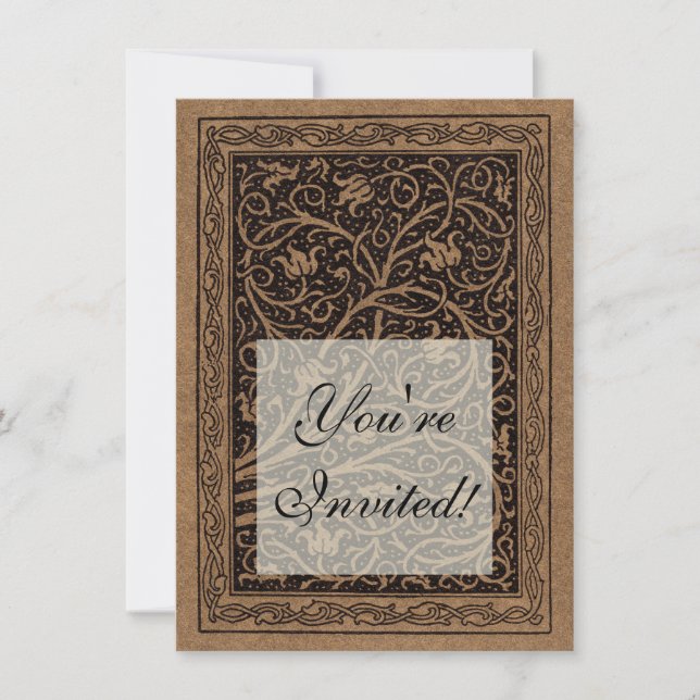 Brown Tooled Leather Art Nouveau Floral Invitation (Front)