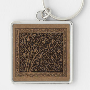 Brown Tooled Leather Art Nouveau Floral Key Ring