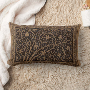 Brown Tooled Leather Art Nouveau Floral Lumbar Cushion