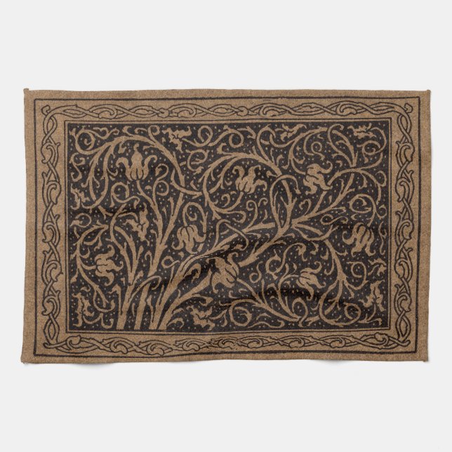 Brown Tooled Leather Art Nouveau Floral Tea Towel (Horizontal)