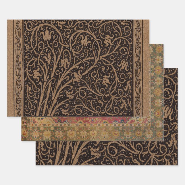 Brown Tooled Leather Art Nouveau Floral Wrapping Paper Sheet (Set)