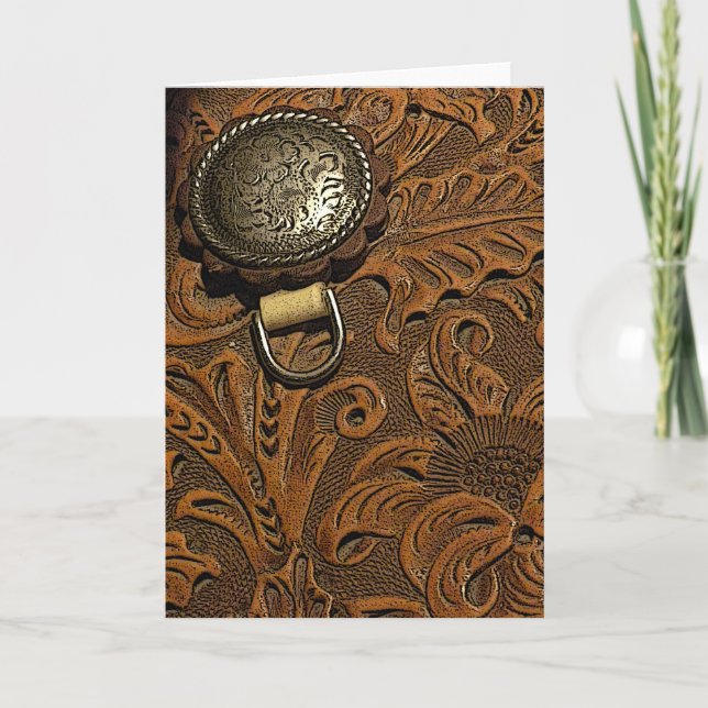 Brown Tooled Leather Horse Saddle Card (Front)