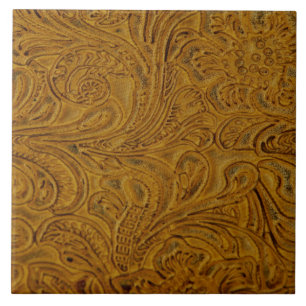 Brown Tooled Leather-Look Tile