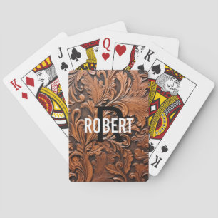 Brown tooled leather monogram name playing cards