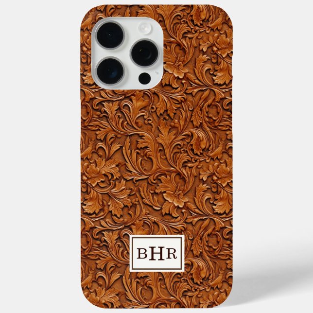 Brown Tooled Leather Monogrammed Case-Mate iPhone Case (Back)