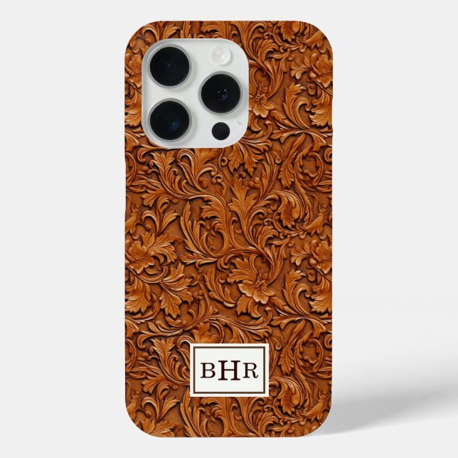 Brown Tooled Leather Monogrammed Case-Mate iPhone Case (Back)