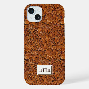 Brown Tooled Leather Monogrammed iPhone 15 Plus Case