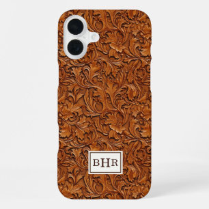 Brown Tooled Leather Monogrammed iPhone 16 Plus Case