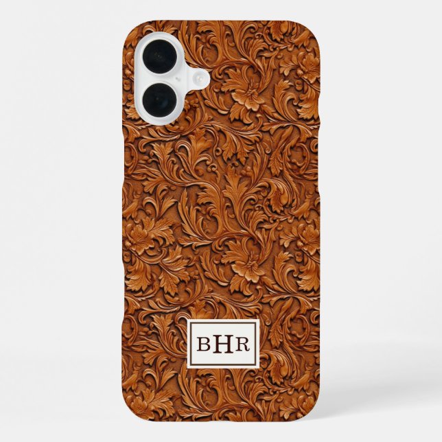 Brown Tooled Leather Monogrammed iPhone Case (Back)