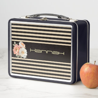Brown Top with Beige Stripes Floral  Metal Lunch Box