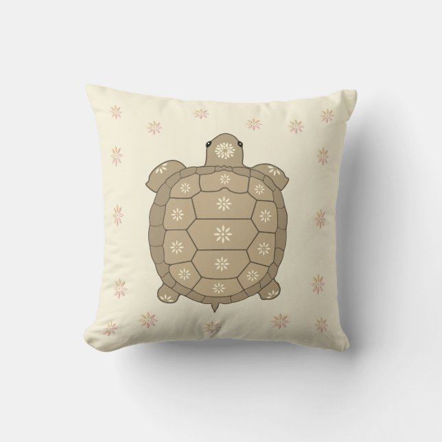 Brown Tortoise Art & Flowers on Champagne Beige Cushion (Front)