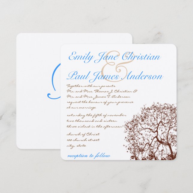 Brown Tree Aqua Blue Font Wedding Invitation (Front/Back)